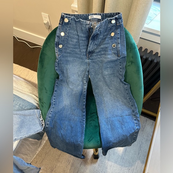 Zara Wide Leg Silver Hardware Denim Pant - Picture 2 of 6